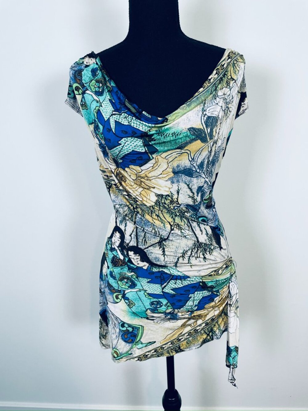 CACHE Vintage Y2K Art Print Draped Cowl Neck Ruched Top Made in USA Size L